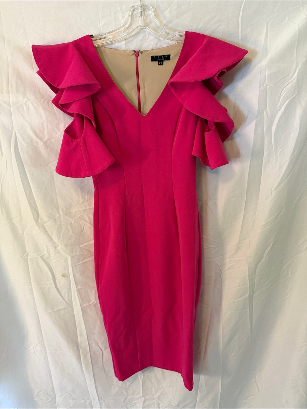 Posh Couture Hot Pink Ruffle Sleeve Midi Dress
